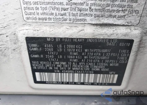 2010 Subaru Outback 2.5I Limited from USA, damaged, VIN 4S4BRBLCXA3373199